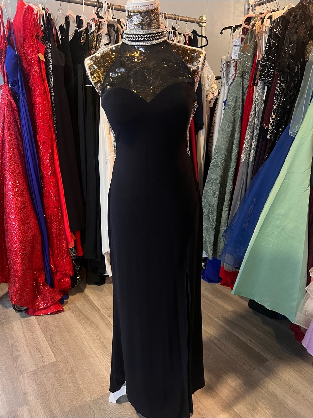 Black Gold Sequin High-Neck Evening Dress